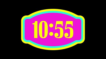 Countdown timer from 11 minute to 10 minute with neon digital timer on an oval decorative display over a black background
