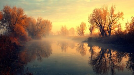 A serene and peaceful scene of a river with trees in the background