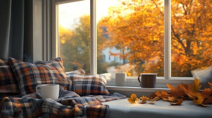 Autumn: A cozy window seat with plush cushions, a plaid wool blanket, a steaming mug, and a view of golden autumn leaves outside, serene and warm, hygge aesthetic, photorealistic. -