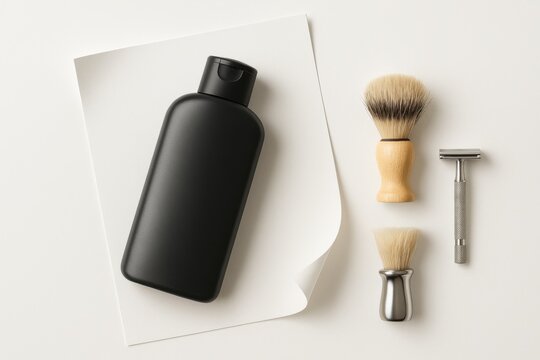 Studio photo dark charcoal plastic lotion bottle with flip cap beside shaving brush and metal safety razor on white background