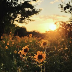 Golden sunset over a sunflower field. Lush greenery surrounds vibrant yellow blooms