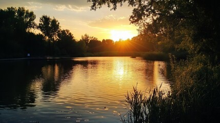 Golden sunset over a tranquil lake. Lush trees frame the scene
