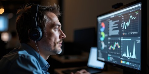Focused man analyzing data on computer screen with headphones on.