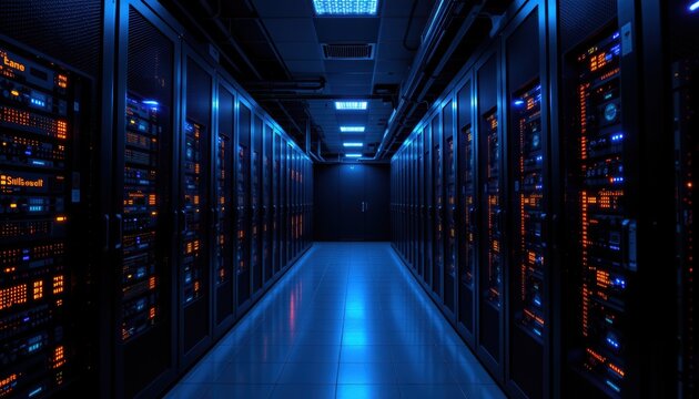 Dark corridor of server racks illuminated by blue lights.