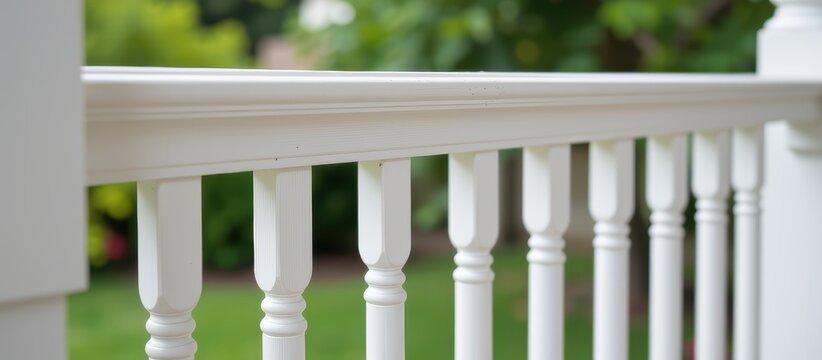 White wooden railing with balusters in a lush green garden setting.