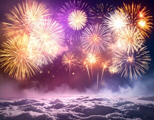 Magical celebratory fireworks burst in a vibrant spectacle over a dreamy cloudscape, creating a fantastic and festive night scene
