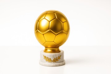 Golden soccer ball on short white marble pedestal with laurel wreath motif engraved around base on white background