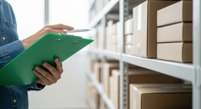 Warehouse worker checks inventory on clipboard among boxes