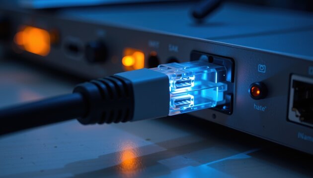 Close-up of a blue-lit Ethernet cable connected to a network device.