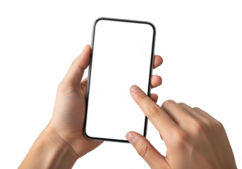 Hands holding a smartphone with a blank screen isolated on transparent background