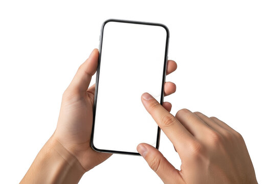 Hands holding a smartphone with a blank screen isolated on transparent background