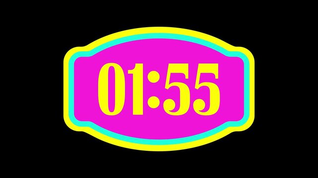 Countdown timer from 2 minute to 1 minute with neon digital timer on an oval decorative display over a black background