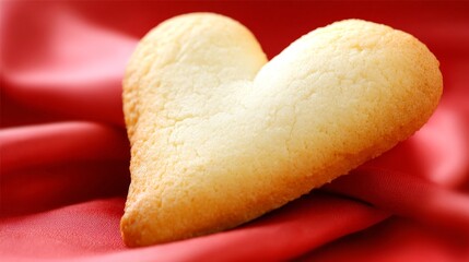 A baked heart-shaped cookie rests upon a luxurious, vibrant red satin fabric