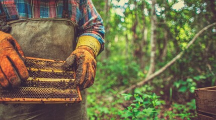 A beekeeper in workwear, holding a honeycomb frame in a lush, green woodland area