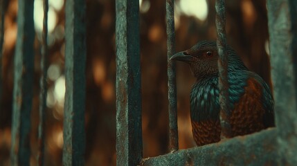 A bird, with dark plumage, peeks through the bars of a fence against a blurred, golden background