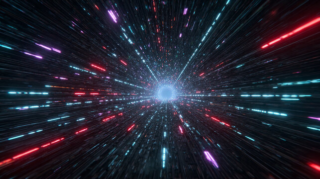 Endless flight through a neon crypto tunnel of colorful wires in space, symbolizing high-speed network connections, digital currency, futuristic cyberspace, and immersive VJ loop visuals in hyperspace - Powered by Adobe