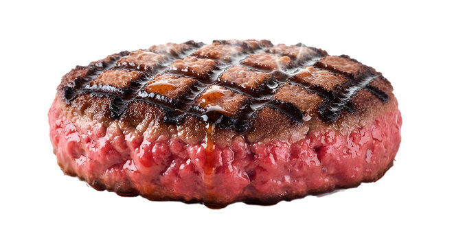 A close up of a medium rare hamburger patty grill