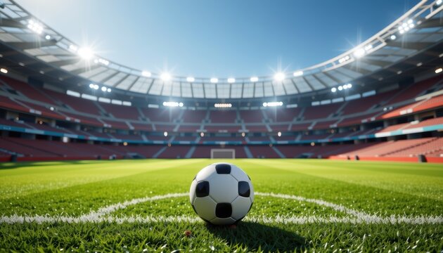 A soccer ball on the field in a vibrant stadium under bright lights.
