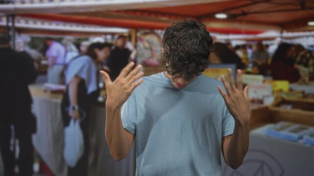 Man smoothing shirt and gesturing with both hands amid crowded street market stalls and vendors; frustration doubt.