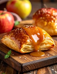 Pastry square with caramel glaze on wooden board with apples