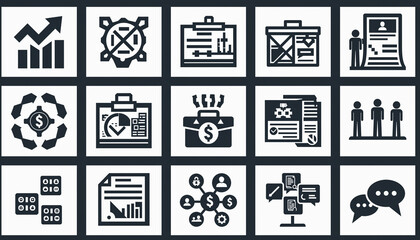 A collection of 16 black and white business icons on a clean white background with a grid layout.