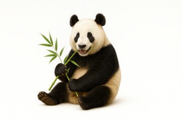 Obraz premium Giant panda sitting on white background holding green bamboo stalk in paws while chewing with relaxed friendly expression