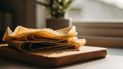 Stack of freshly made thin pancakes on a wooden cutting board by a window.