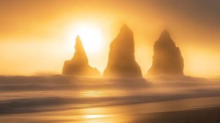 Ancient sea stacks on the Oregon coast shrouded in fog, with the golden light of a hidden sun creating a magical glow, long exposure smoot