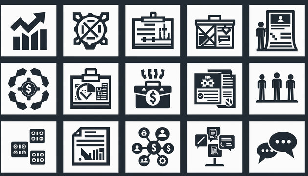 A collection of 16 black and white business icons on a clean white background with a grid layout.