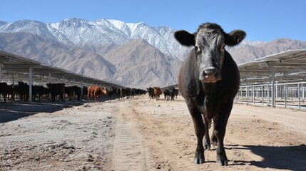 A black cow stands in the foreground, facing the camera. Herd of cattle behind. Mountains in the back