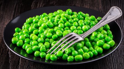 A black plate with a mound of vibrant green peas and a silver fork resting on them