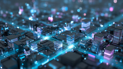 Futuristic AI Data City Technology Background with Glowing Digital Grid