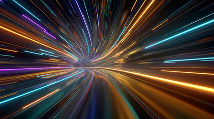 Endless flight through a neon crypto tunnel of colorful wires in space, symbolizing high-speed network connections, digital currency, futuristic cyberspace, and immersive VJ loop visuals in hyperspace