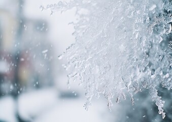 Icicles clinging to a surface, blurry background of snow and buildings