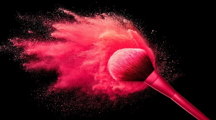A brush expels a cloud of vibrant pink powder against a stark black backdrop