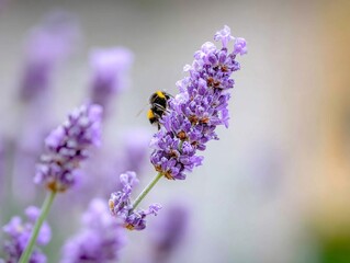 A bumblebee rests on purple lavender flowers, blurred background