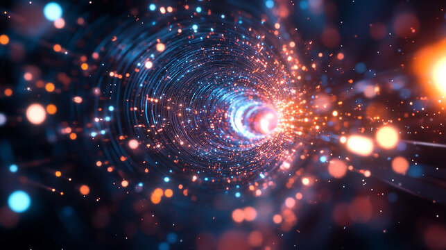 Endless flight through a neon crypto tunnel of colorful wires in space, symbolizing high-speed network connections, digital currency, futuristic cyberspace, and immersive VJ loop visuals in hyperspace