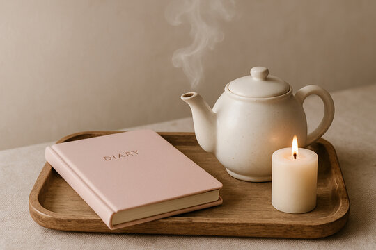 Serene Still Life: Diary, Teapot, and Candle on Wooden Tray.