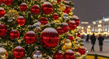 Naklejka premium Falling Snow on Red Ornamented Tree in Blurred City Square