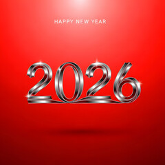 Happy New Year 2026 greeting card with shiny silver metallic numbers on a vibrant red background.