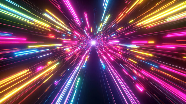 Endless flight through a neon crypto tunnel of colorful wires in space, symbolizing high-speed network connections, digital currency, futuristic cyberspace, and immersive VJ loop visuals in hyperspace - Powered by Adobe