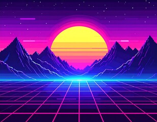 Pixelated sunset landscape with mountains and neon grid lines