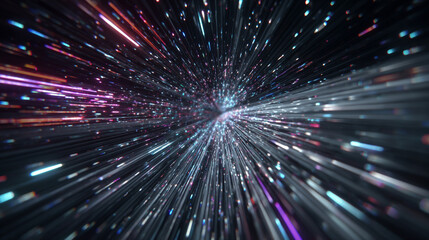 Endless flight through a neon crypto tunnel of colorful wires in space, symbolizing high-speed network connections, digital currency, futuristic cyberspace, and immersive VJ loop visuals in hyperspace