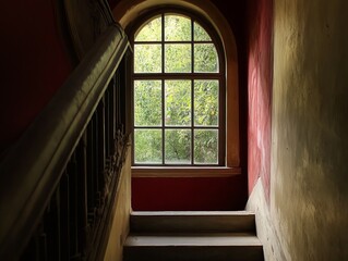 Interior staircase with arched window, faded paint
