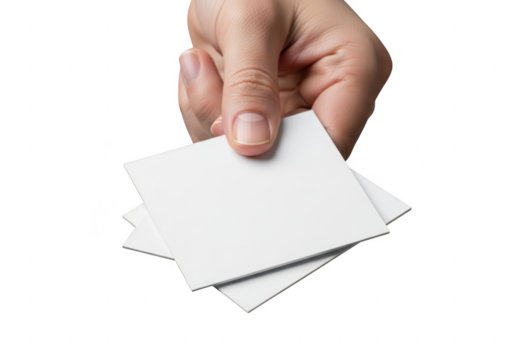 Hand offering a stack of blank square cards isolated on transparent background