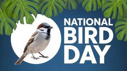 Celebrate national bird day with a sparrow and tropical leaves