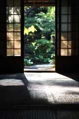 Japanese interior door open to garden. Soft sunlight streams in