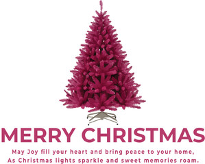 Christmas greeting logo vector with stylized pink tree on metallic stand and festive message in pink and purple