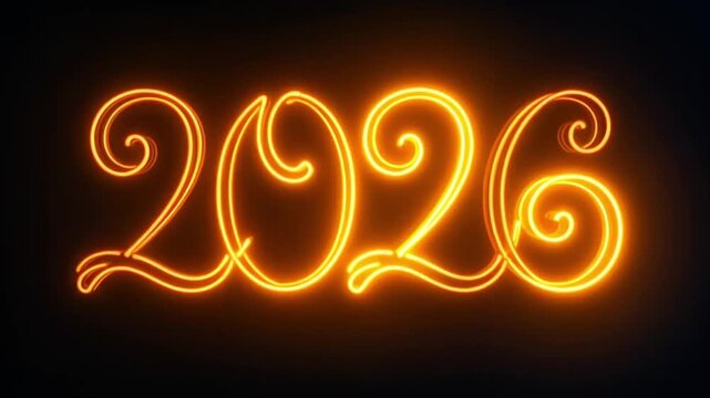 Glowing orange neon script typography displaying the year 2026 against a dark background, perfect for new year celebration concepts
