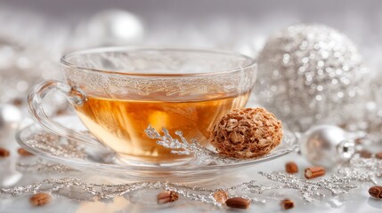 A clear teacup with golden tea next to a cookie, decorated with silver ornaments